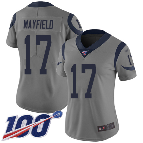 Rams #17 Baker Mayfield Gray Women's Stitched Limited Inverted Legend 100th Season Jersey