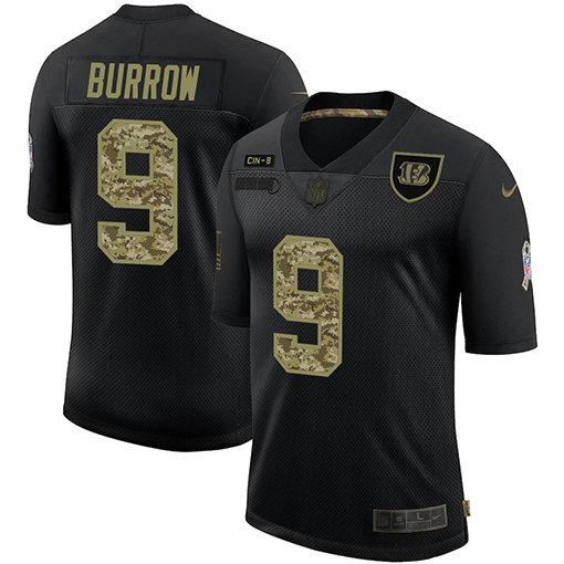Cincinnati Bengals #9 Joe Burrow Men's 2020 Salute To Service Camo Limited Jersey Black