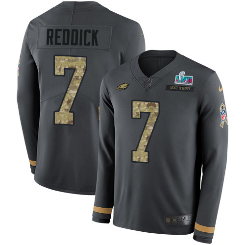 Eagles #7 Haason Reddick Anthracite Salute To Service Super Bowl LVII Patch Men's Stitched Limited Therma Long Sleeve Jersey