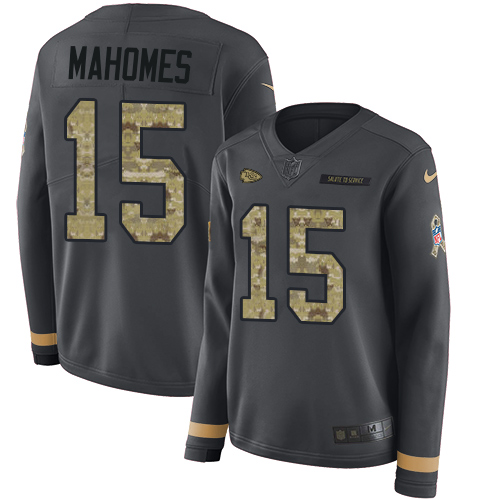 Chiefs #15 Patrick Mahomes Anthracite Salute To Service Women's Stitched Limited Therma Long Sleeve Jersey