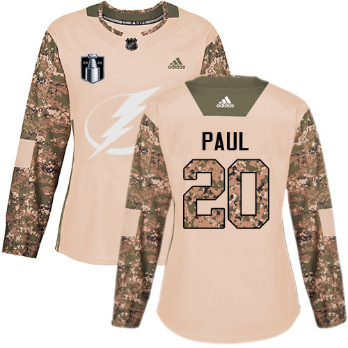 Adidas Tampa Bay Lightning #20 Nicholas Paul Camo Women's Authentic 2022 Stanley Cup Final Patch Veterans Day Stitched Jersey Womens
