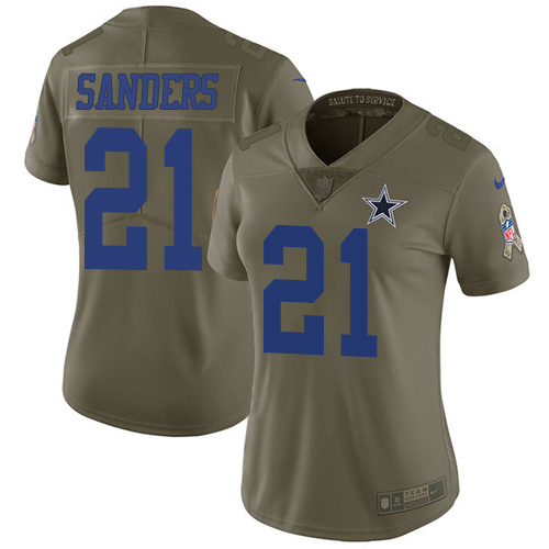 Cowboys #21 Deion Sanders Olive Women's Stitched Limited 2017 Salute To Service Jersey