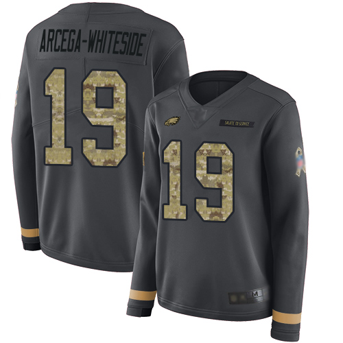 Philadelphia Eagles #19 JJ Arcega-Whiteside Anthracite Salute to Service Women's Stitched Limited Therma Long Sleeve Jersey Womens