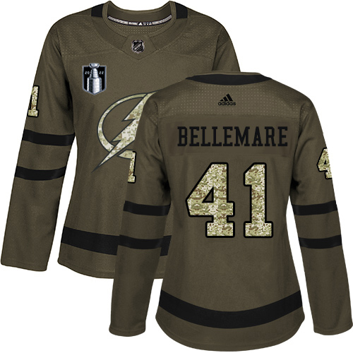 Adidas Tampa Bay Lightning #41 Pierre-Edouard Bellemare Green Women's 2022 Stanley Cup Final Patch Salute to Service Stitched Jersey Womens