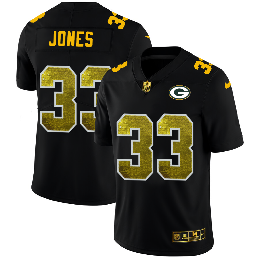 Green Bay Packers #33 Aaron Jones Men's Black Golden Sequin Vapor Limited Jersey