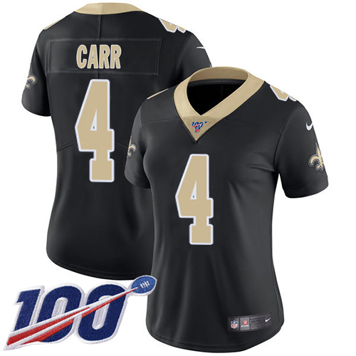 Saints #4 Derek Carr Black Team Color Women's Stitched 100th Season Vapor Limited Jersey