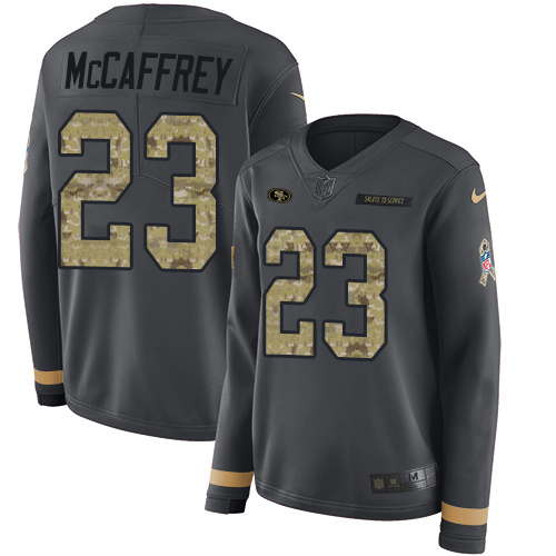 49ers #23 Christian McCaffrey Anthracite Salute To Service Women's Stitched Limited Therma Long Sleeve Jersey