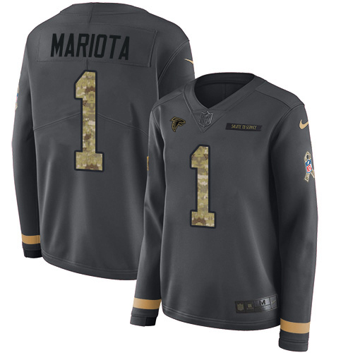 Falcons #1 Marcus Mariota Anthracite Salute To Service Stitched Women's Limited Therma Long Sleeve Jersey