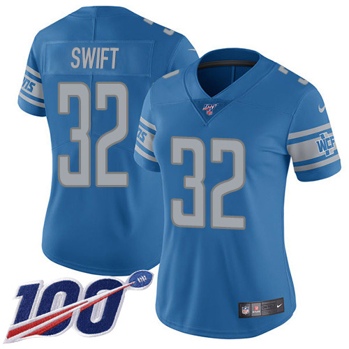 Detroit Lions #32 D'Andre Swift Blue Team Color Women's Stitched 100th Season Vapor Untouchable Limited Jersey Womens