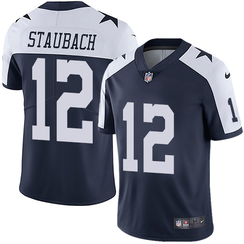 Cowboys #12 Roger Staubach Navy Blue Thanksgiving Youth Stitched Vapor Untouchable Limited Throwback Jersey