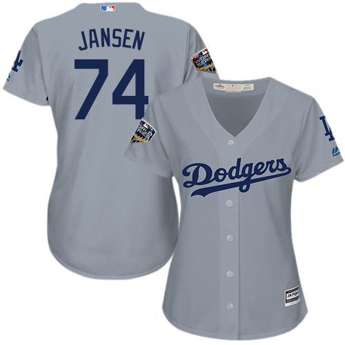 Los Angeles Dodgers #74 Kenley Jansen Grey Alternate Road 2018 World Series Women's Stitched Jersey Womens