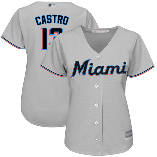 Miami Marlins #13 Starlin Castro Grey Road Women's Stitched Jersey Womens