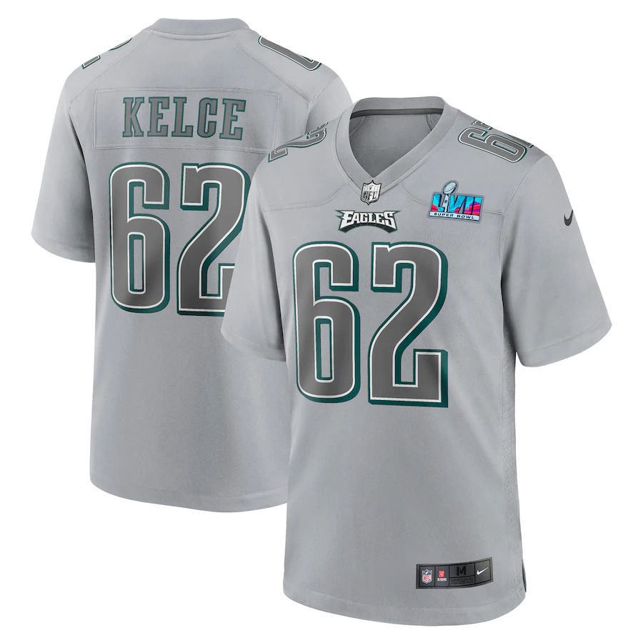 Philadelphia Eagles #62 Jason Kelce Men's Super Bowl LVII Patch Atmosphere Fashion Game Jersey - Gray