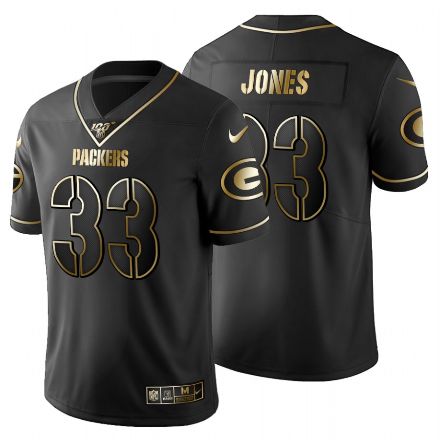 Green Bay Packers #33 Aaron Jones Men's Black Golden Limited 100 Jersey