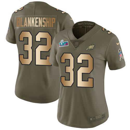 Eagles #32 Reed Blankenship Olive/Gold Super Bowl LVII Patch Women's Stitched Limited 2017 Salute To Service Jersey