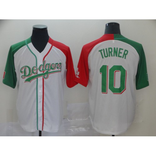 Los Angeles Dodgers #10 Justin Turner White Red/Green Split Cool Base Stitched Jersey Men's