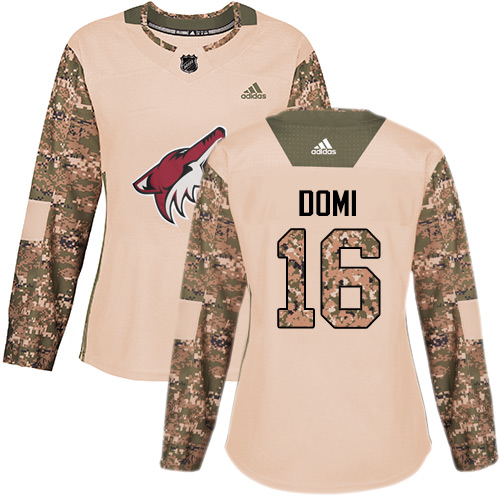 Adidas Arizona Coyotes #16 Max Domi Camo Authentic 2017 Veterans Day Women's Stitched Jersey Womens