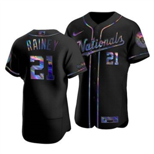 Washington Washington Nationals #21 Tanner Rainey Men's Iridescent Holographic Collection Jersey - Black Men's