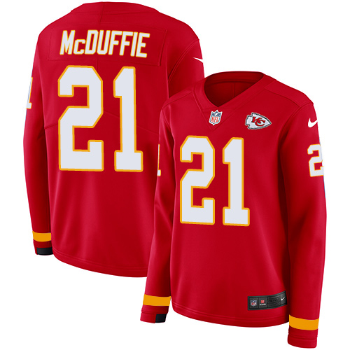 Chiefs #21 Trent McDuffie Red Team Color Women's Stitched Limited Therma Long Sleeve Jersey