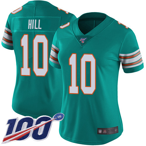 Dolphins #10 Tyreek Hill Aqua Green Alternate Women's Stitched 100th Season Vapor Untouchable Limited Jersey