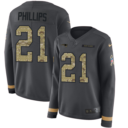 New England Patriots #21 Adrian Phillips Anthracite Salute to Service Women's Stitched Limited Therma Long Sleeve Jersey Womens