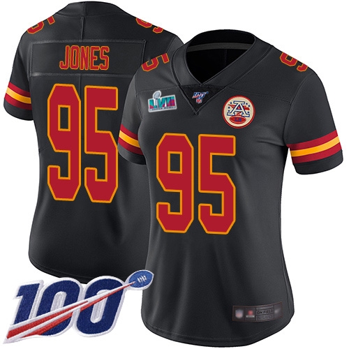 Chiefs #95 Chris Jones Black Super Bowl LVII Patch Women's Stitched Limited Rush 100th Season Jersey