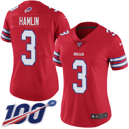 Bills #3 Damar Hamlin Red Women's Stitched Limited Rush 100th Season Jersey