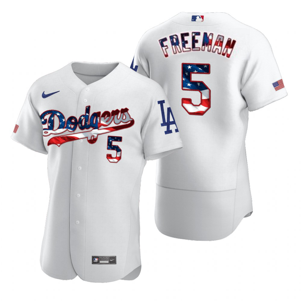 Los Angeles Dodgers #5 Freddie Freeman Men's White Fluttering USA Flag Limited Edition Authentic Jersey