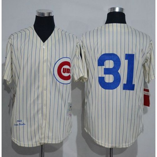 Mitchell And Ness 1969 Chicago Cubs #31 Greg Maddux Cream Strip Throwback Stitched Jersey Men's