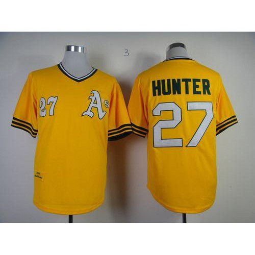Mitchell And Ness Oakland Athletics #27 Catfish Hunter Yellow Throwback Stitched Jersey Men's