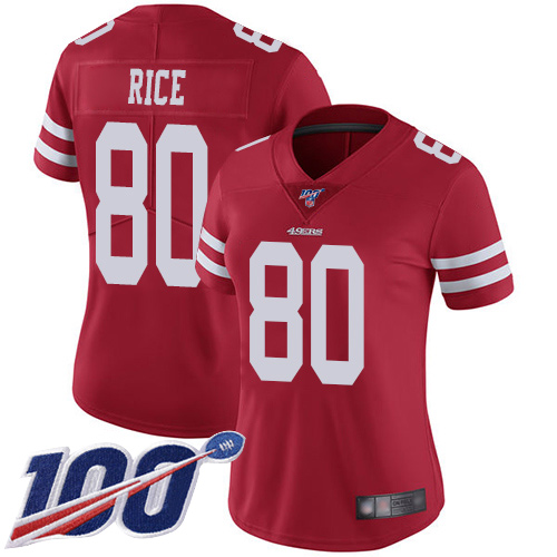 49ers #80 Jerry Rice Red Team Color Women's Stitched 100th Season Vapor Limited Jersey