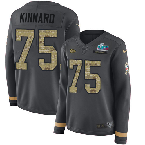 Chiefs #75 Darian Kinnard Anthracite Salute To Service Super Bowl LVII Patch Women's Stitched Limited Therma Long Sleeve Jersey