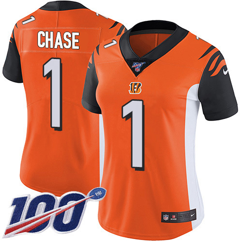 Bengals #1 Ja'Marr Chase Orange Alternate Women's Stitched 100th Season Vapor Untouchable Limited Jersey