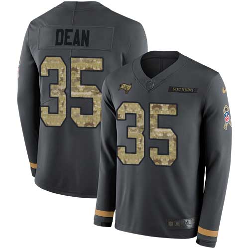Tampa Bay Buccaneers #35 Jamel Dean Anthracite Salute to Service Youth Stitched Limited Therma Long Sleeve Jersey Youth