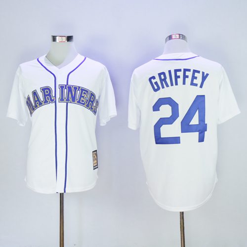 Seattle Mariners #24 Ken Griffey White Cooperstown 2016 Hall Of Fame Patch Stitched Jersey Men's