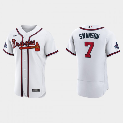 Atlanta Atlanta Braves #7 Dansby Swanson Men's 2021 World Series Champions Patch Authentic Player Jersey - White Men's