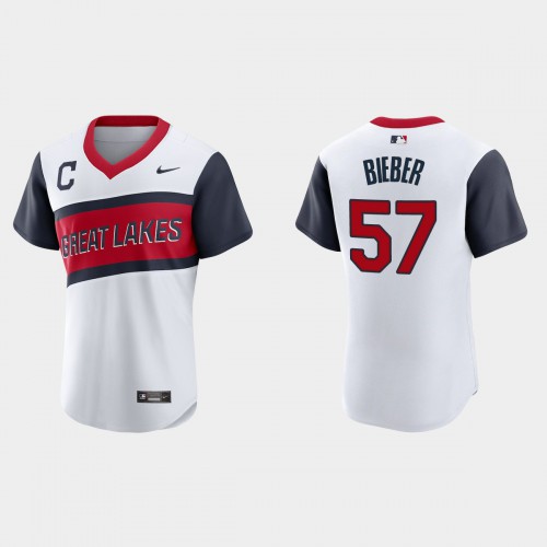 Cleveland Guardians #57 Shane Bieber Men's White 2021 Little League Class Authentic Jersey Men's