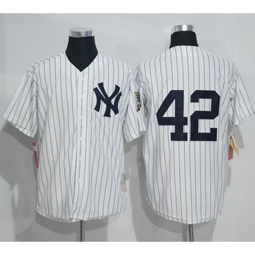 Mitchell And Ness New York Yankees #42 Mariano Rivera White Strip Throwback Stitched Jersey Men's
