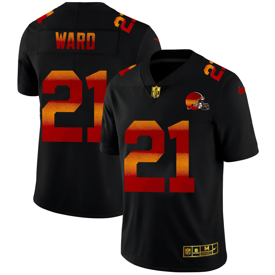 Cleveland Browns #21 Denzel Ward Men's Black Red Orange Stripe Vapor Limited Jersey