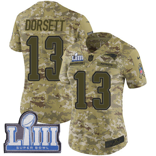 New England Patriots #13 Phillip Dorsett Camo Super Bowl LIII Bound Women's Stitched Limited 2018 Salute to Service Jersey Womens