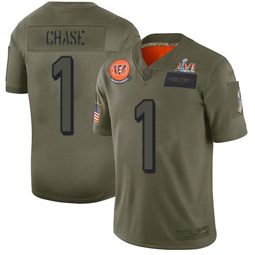 Bengals #1 Ja'Marr Chase Camo Super Bowl LVI Patch Men's Stitched Limited 2019 Salute To Service Jersey