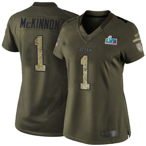 Chiefs #1 Jerick McKinnon Green Super Bowl LVII Patch Women's Stitched Limited 2015 Salute To Service Jersey