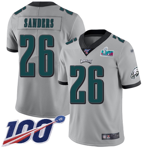 Eagles #26 Miles Sanders Silver Super Bowl LVII Patch Men's Stitched Limited Inverted Legend 100th Season Jersey