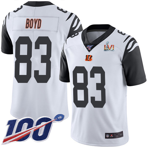 Bengals #83 Tyler Boyd White Super Bowl LVI Patch Men's Stitched Limited Rush 100th Season Jersey