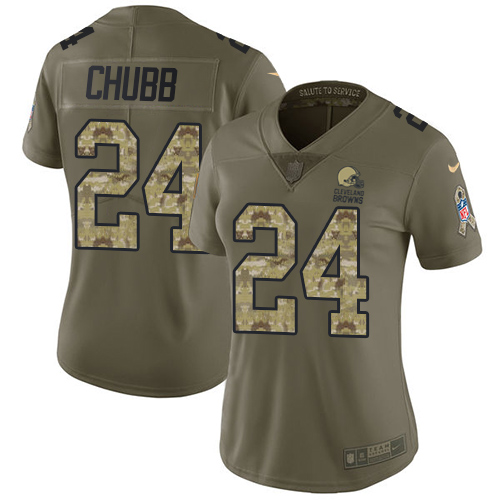 Browns #24 Nick Chubb Olive/Camo Women's Stitched Limited 2017 Salute To Service Jersey
