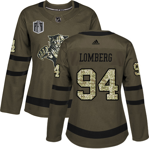 Adidas Panthers #94 Ryan Lomberg Green 2023 Stanley Cup Final Patch Salute To Service Women's Stitched Jersey