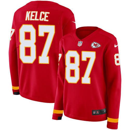 Chiefs #87 Travis Kelce Red Team Color Women's Stitched Limited Therma Long Sleeve Jersey