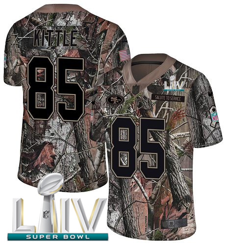 49ers #85 George Kittle Camo Super Bowl LIV 2020 Youth Stitched Limited Rush Realtree Jersey