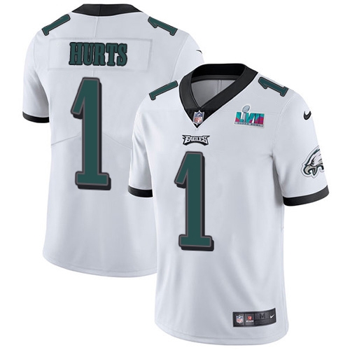 Eagles #1 Jalen Hurts White Super Bowl LVII Patch Youth Stitched Vapor Untouchable Limited Jersey