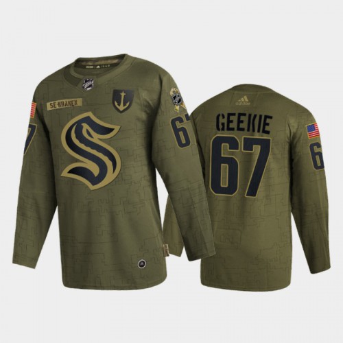 Seattle Seattle Kraken #67 Morgan Geekie Men's Adidas Veterans Day 2022 Military Appreciation Jersey - Olive Men's